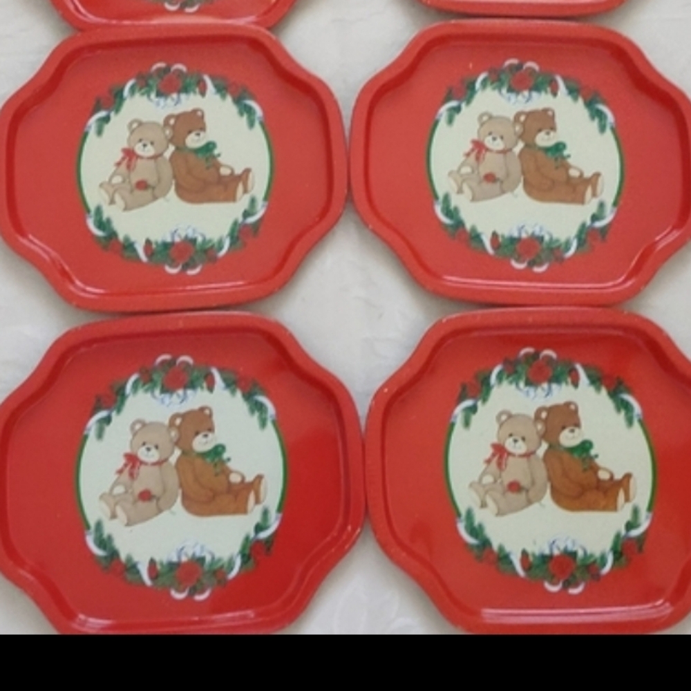 4 Vintage Red tin mini trays Teddy Bears